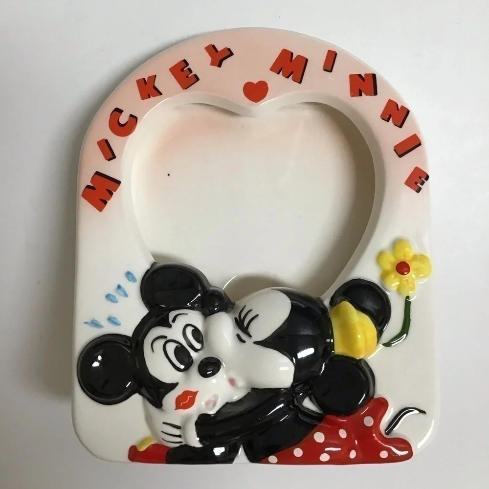 Vintage Disney Valentine Mickey & Minnie Kiss Ceramic Heart Picture Frame Japan - Picture 5 of 13
